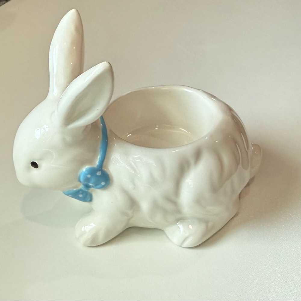 Ceramic bunny tea light Holder - White and Blue bow